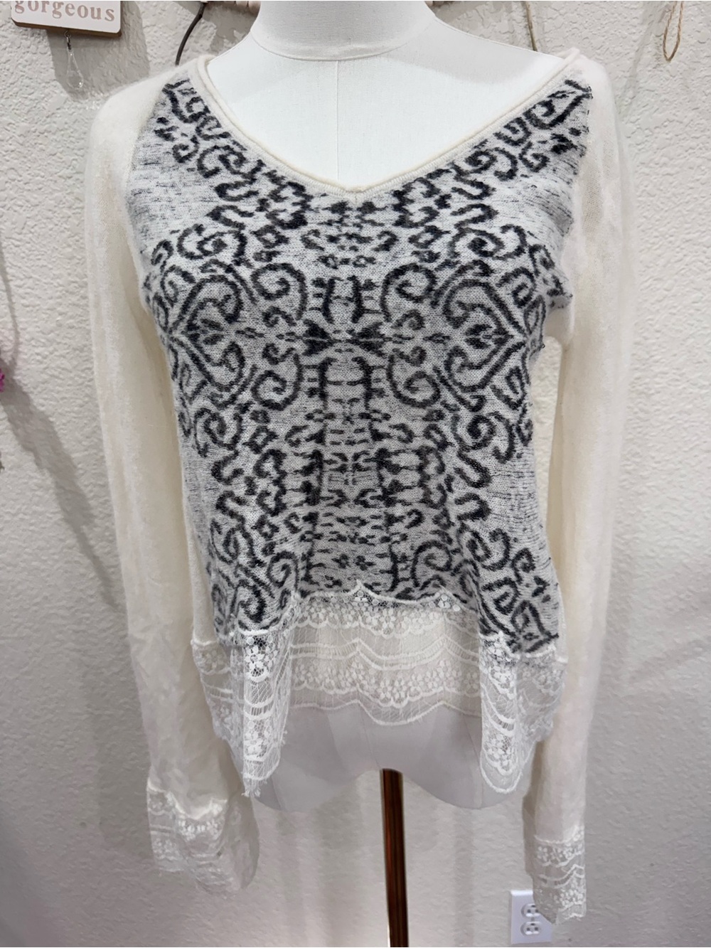 Free People Cream V-Neck Sweater with Black Pattern & Lace Trim